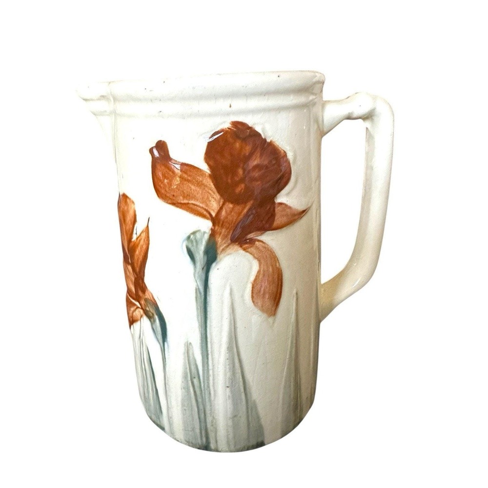 Wheeling Pottery Majolica Rust Iris Ironstone 7 3/4" Pitcher Antique Handpainted